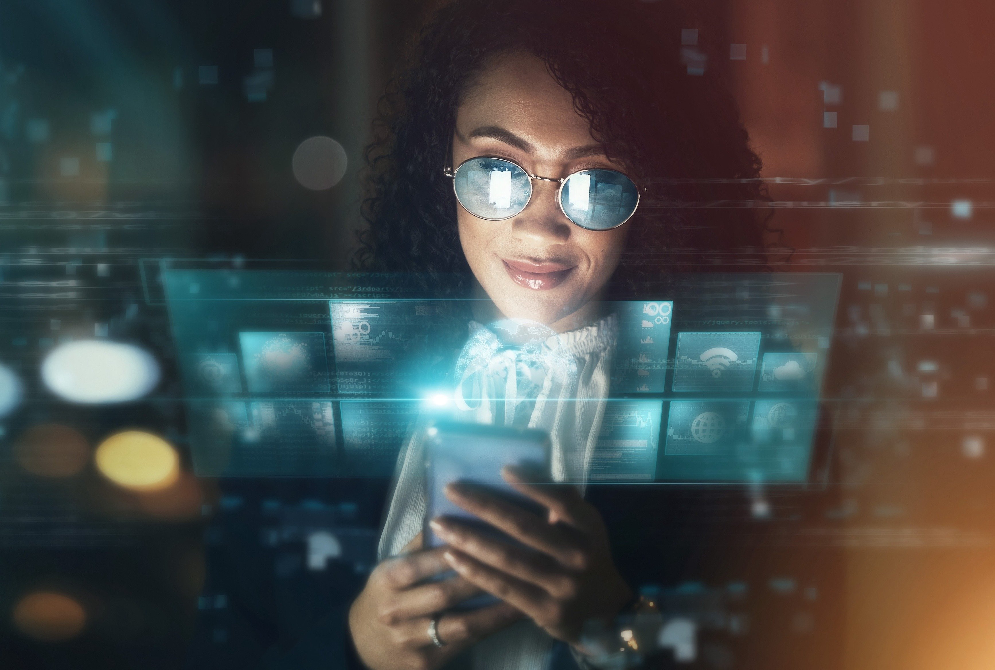 A woman with glasses using a smartphone, surrounded by glowing digital interfaces.